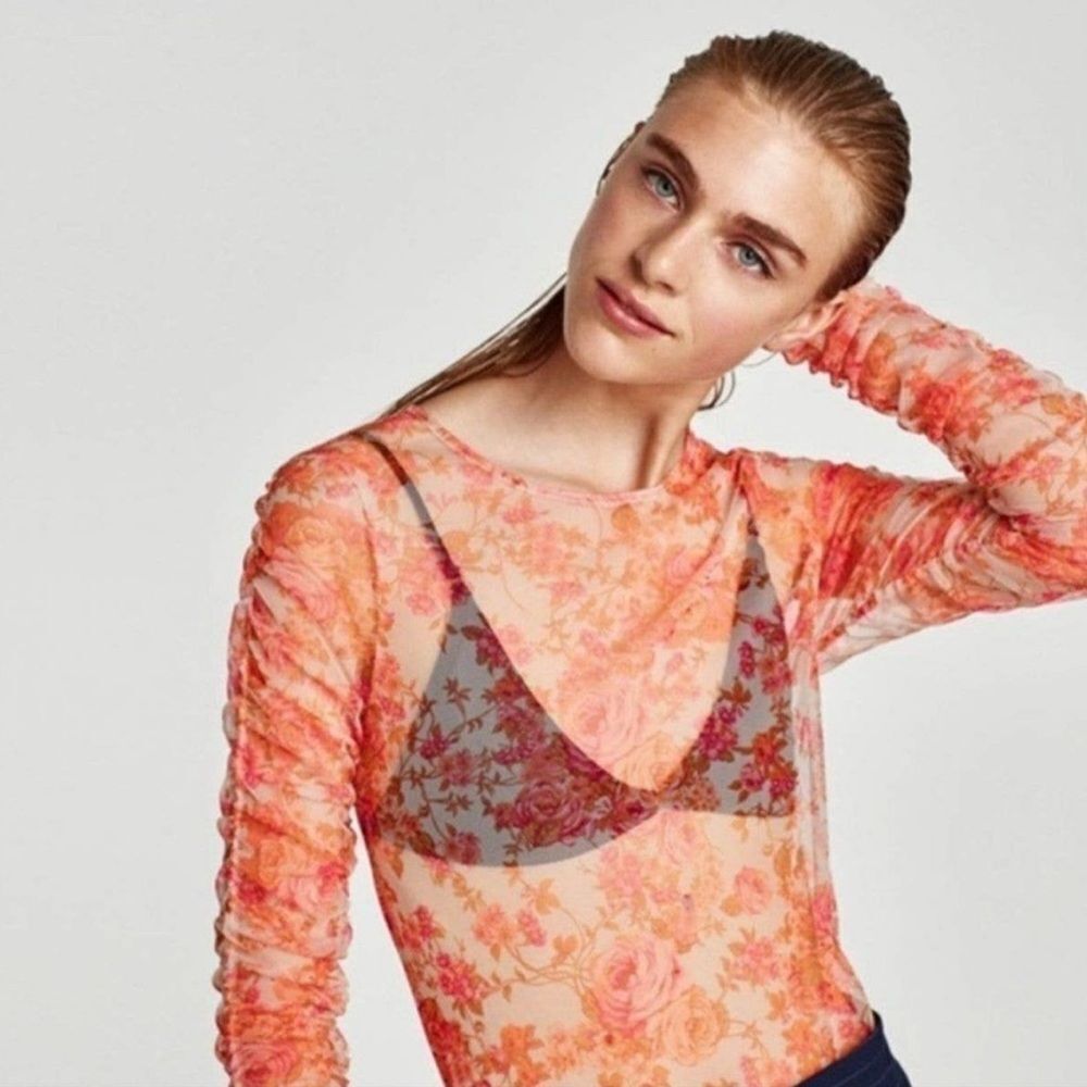 ✨ Zara Orange Floral Y2K Sheer Mesh Tulle Ruched‎ Sleeve Top Medium